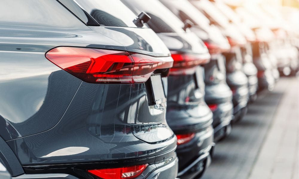 Back view many modern new SUV cars