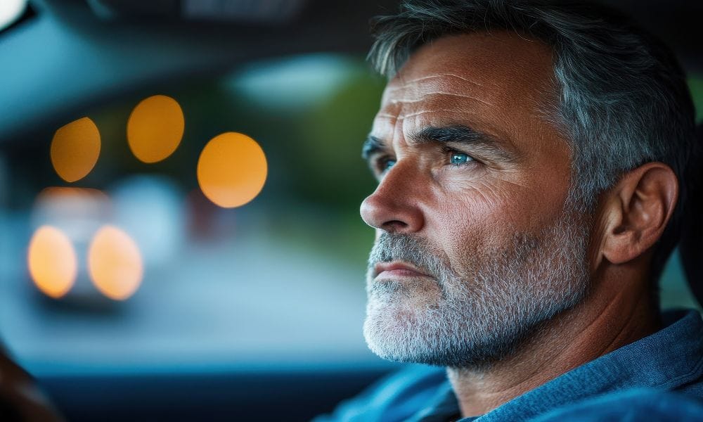 Middle-aged man in a car, deep in thought