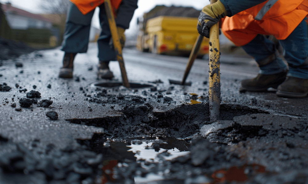 Workers in hi vis jackets covering up potholes on the road