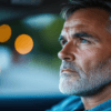 Middle-aged man in a car, deep in thought