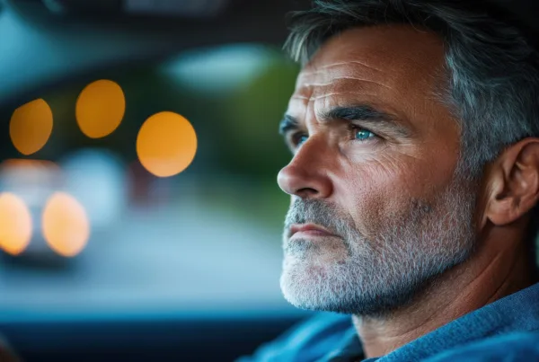 Middle-aged man in a car, deep in thought