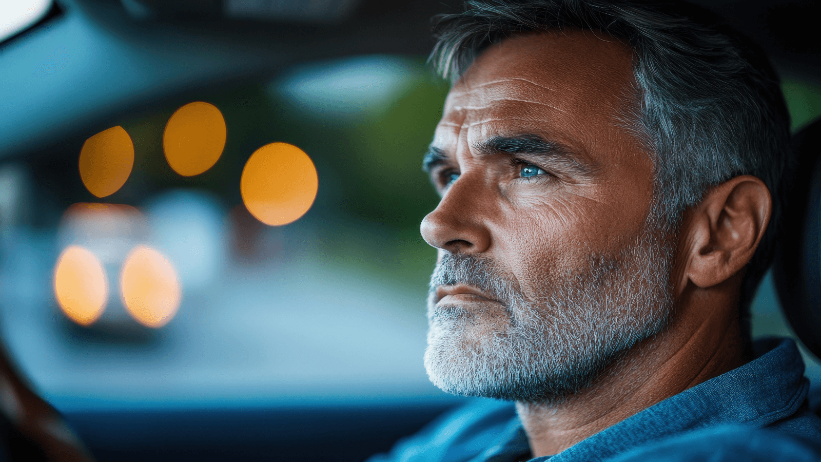 Middle-aged man in a car, deep in thought