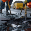 Workers in hi vis jackets covering up potholes on the road