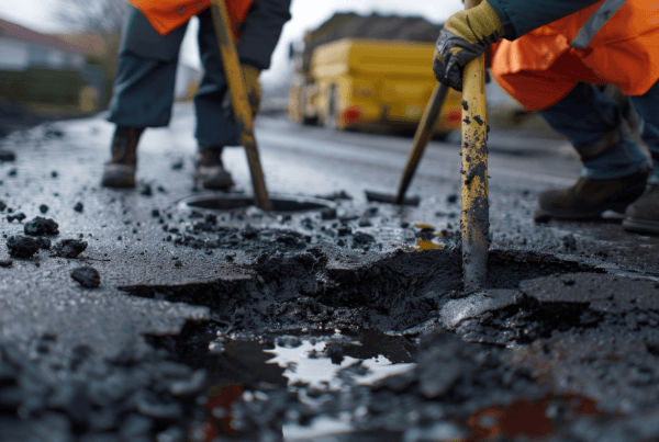 Workers in hi vis jackets covering up potholes on the road