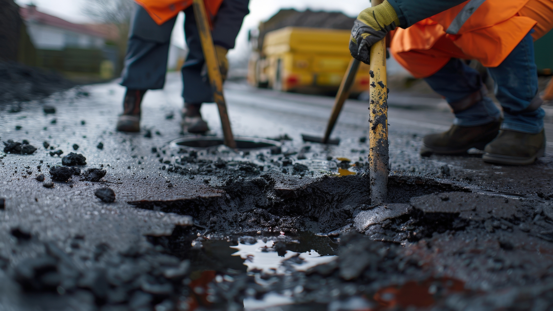 Workers in hi vis jackets covering up potholes on the road