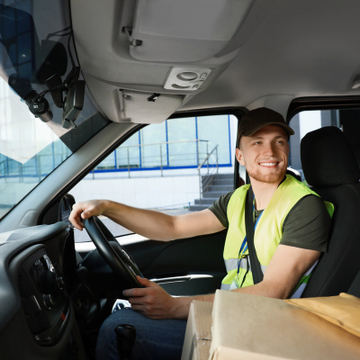 Smiling young van driver sitting in the cab